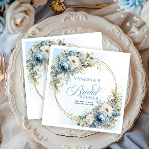 Boho blue floral eucalyptus gold bridal shower  paper dinner napkins