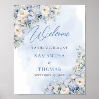 Boho blue floral eucalyptus gold wedding welcome