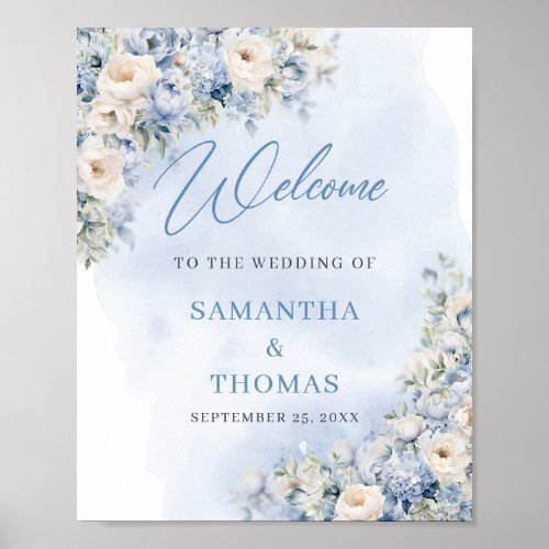 Boho blue floral eucalyptus gold wedding welcome poster