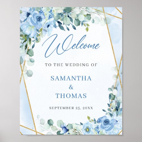 Boho blue floral eucalyptus gold wedding welcome poster