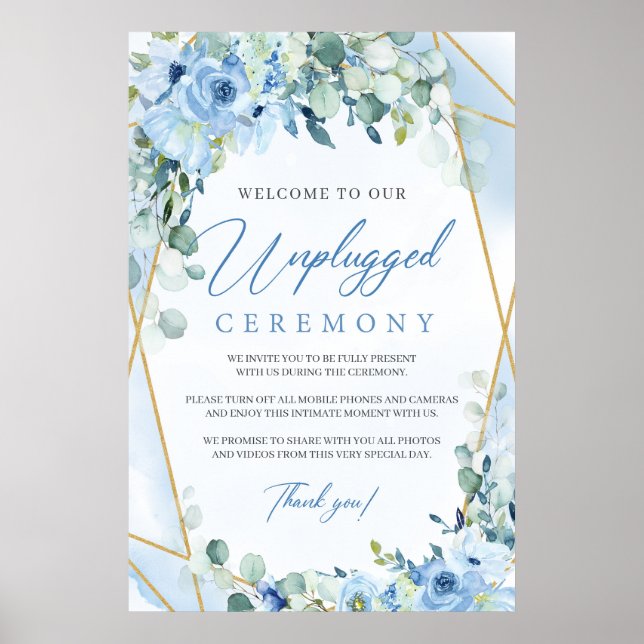 Boho blue floral eucalyptus unplugged ceremony poster (Front)