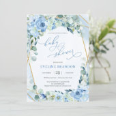 Boho Blue Floral Gold Geometric Boy Baby Shower Invitation (Standing Front)