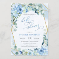 Boho Blue Floral Gold Geometric Boy Baby Shower Invitation