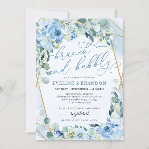Boho Blue Floral Gold Geometric Brunch and Bubbly Invitation