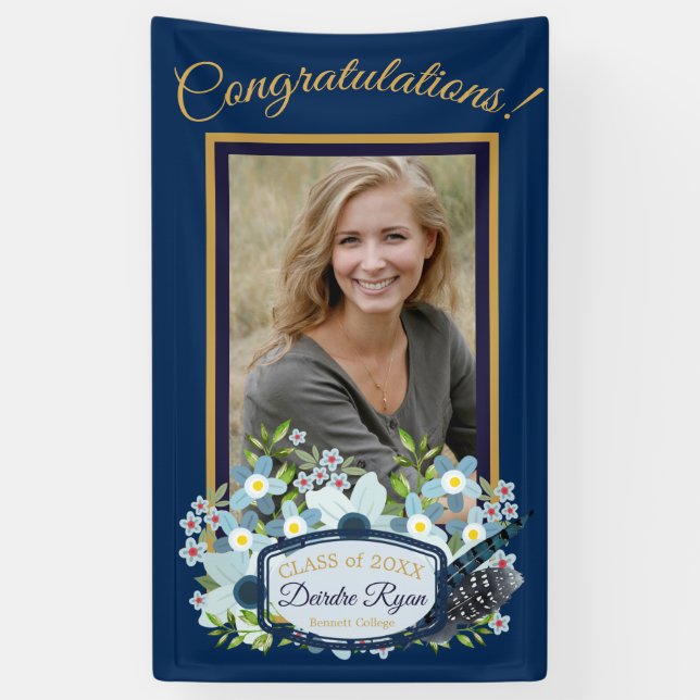 Boho Blue Floral Graduation Congratulations Banner (Vertical)