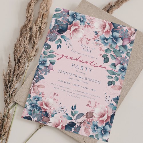 Boho Blue Floral Graduation Party Blush Invitation