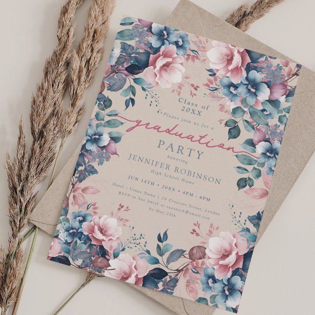 Boho Blue Floral Graduation Party Champagne Invitation (Boho Blue Floral Graduation Party Champagne Invitation)