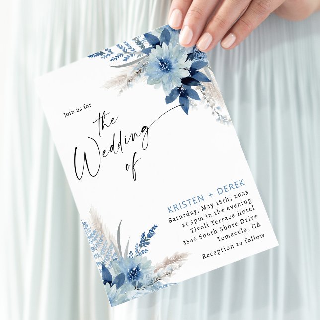 Boho Blue Floral Greenery Wedding Invitation (Creator Uploaded)