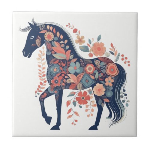 Boho Blue Floral Horse Scandinavian Folk Art Ceramic Tile