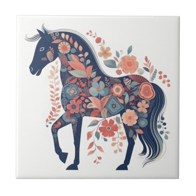 Boho Blue Floral Horse Scandinavian Folk Art Ceramic Tile (Front)