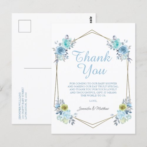 Boho Blue Floral It's a Boy Baby Shower Thank You Postcard
