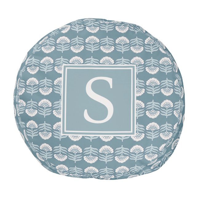 Boho Blue Floral Monogram Pouf (Top)