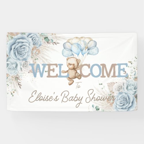 Boho Blue Floral Pampas Bear Baby Shower Welcome Banner