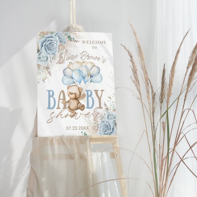 Boho Blue Floral Pampas Bear Baby Shower Welcome Foam Board (Creator Uploaded)