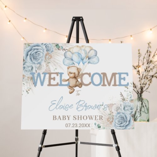 Boho Blue Floral Pampas Bear Baby Shower Welcome Foam Board
