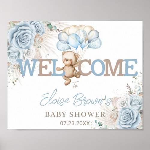 Boho Blue Floral Pampas Bear Baby Shower Welcome Poster