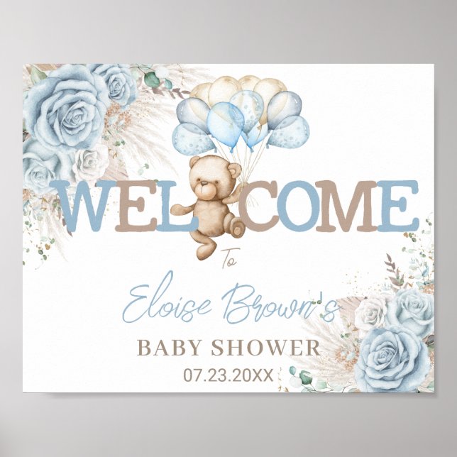 Boho Blue Floral Pampas Bear Baby Shower Welcome Poster (Front)
