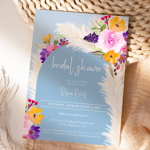 Boho blue floral pampas desert arch bridal shower invitation