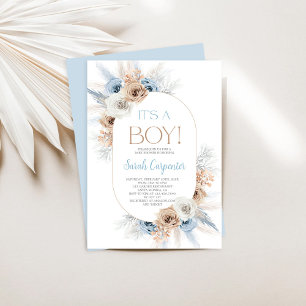 Boho Blue Floral Pampas Grass Baby Shower Boy Invitation