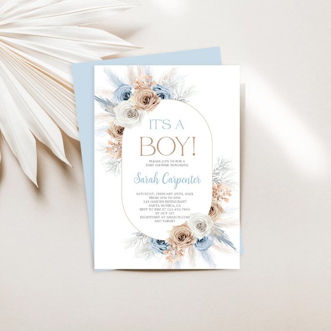 Boho Blue Floral Pampas Grass Baby Shower Boy Invitation (Creator Uploaded)