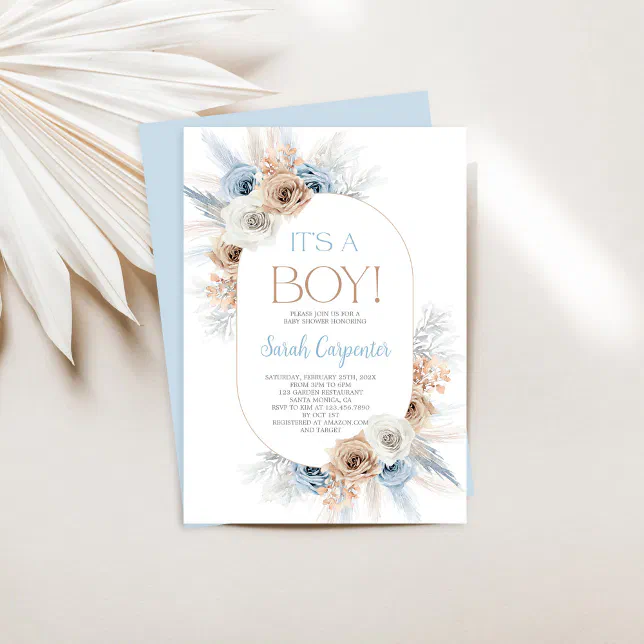 Boho Blue Floral Pampas Grass Baby Shower Boy Invitation | Zazzle