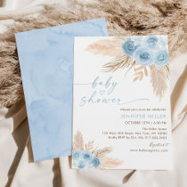 Boho Blue Floral Pampas Grass Baby Shower Invitation