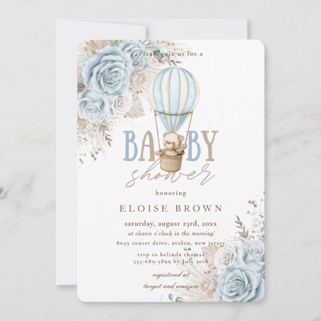 Boho Blue Floral Pampas Teddy Bear Baby Shower  Invitation (Front)