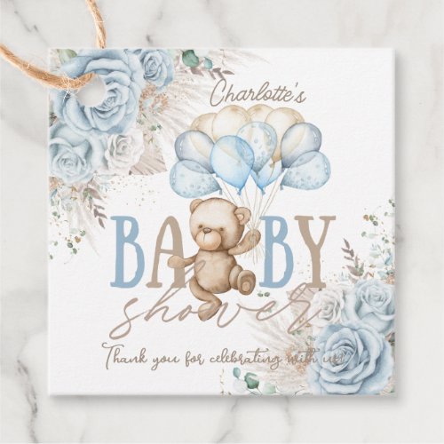 Boho Blue Floral Pampas Teddy Bear Boy Baby Shower Favor Tags