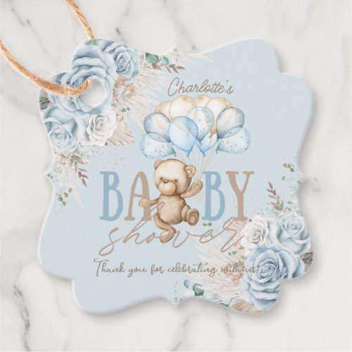 Boho Blue Floral Pampas Teddy Bear Boy Baby Shower Favor Tags