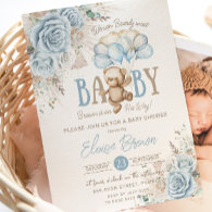 Boho Blue Floral Pampas Teddy Bear Boy Baby Shower Invitation