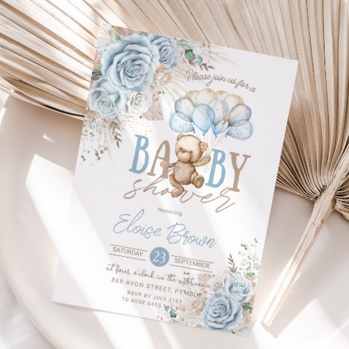 Boho Blue Floral Pampas Teddy Bear Boy Baby Shower Invitation