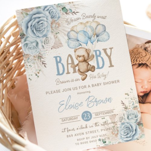 Boho Blue Floral Pampas Teddy Bear Boy Baby Shower Invitation
