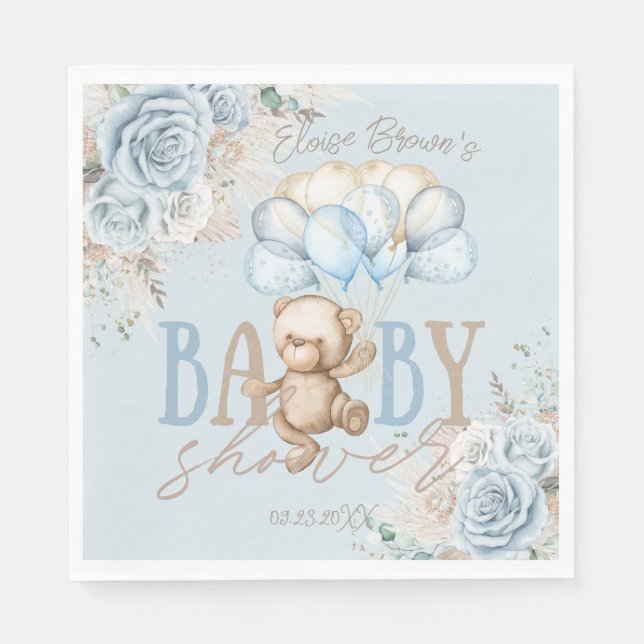 Boho Blue Floral Pampas Teddy Bear Boy Baby Shower Napkins (Front)