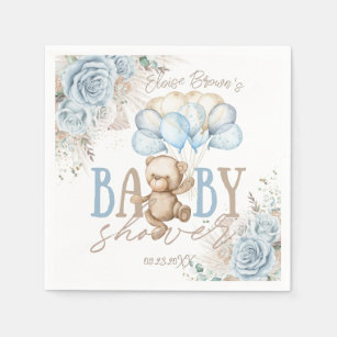 Boho Blue Floral Pampas Teddy Bear Boy Baby Shower Napkins