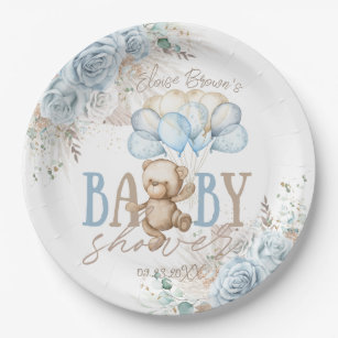 Boho Blue Floral Pampas Teddy Bear Boy Baby Shower Paper Plates