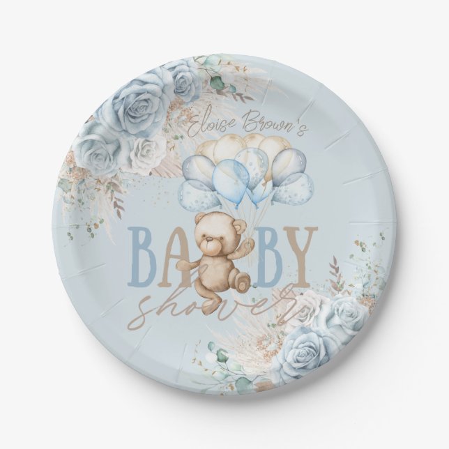 Boho Blue Floral Pampas Teddy Bear Boy Baby Shower Paper Plates (Front)