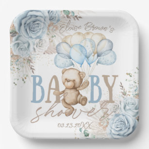 Boho Blue Floral Pampas Teddy Bear Boy Baby Shower Paper Plates