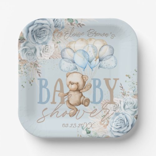 Boho Blue Floral Pampas Teddy Bear Boy Baby Shower Paper Plates