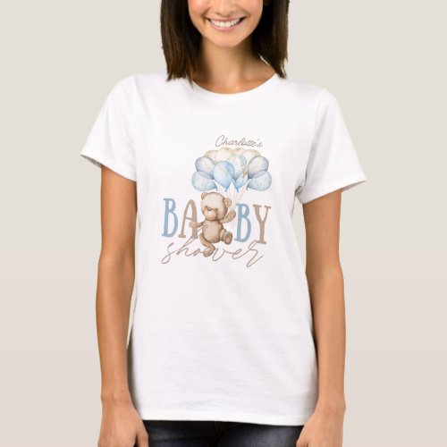 Boho Blue Floral Pampas Teddy Bear Boy Baby Shower T_Shirt