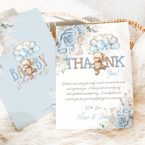 Boho Blue Floral Pampas Teddy Bear Boy Baby Shower Thank You Card