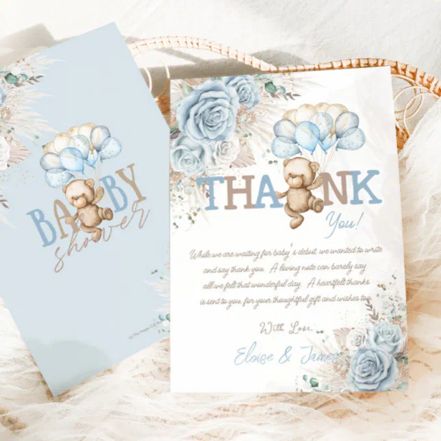 Boho Blue Floral Pampas Teddy Bear Boy Baby Shower Thank You Card | Zazzle