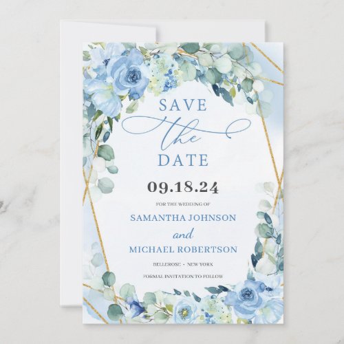 Boho Blue Floral Roses and Gold Geometric Save The Date