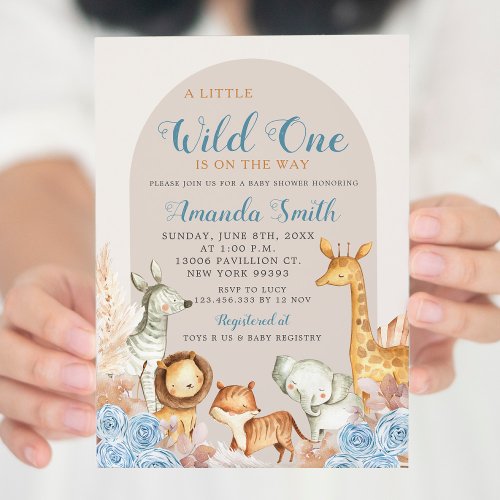 Boho Blue Floral Safari Baby Shower Invitation