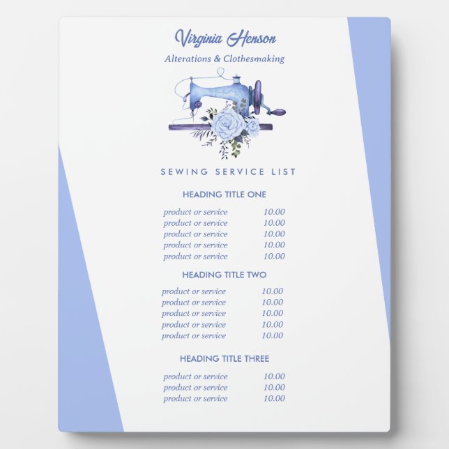 Boho Blue Floral Sewing Machine Seamstress Pricing Plaque (Front)