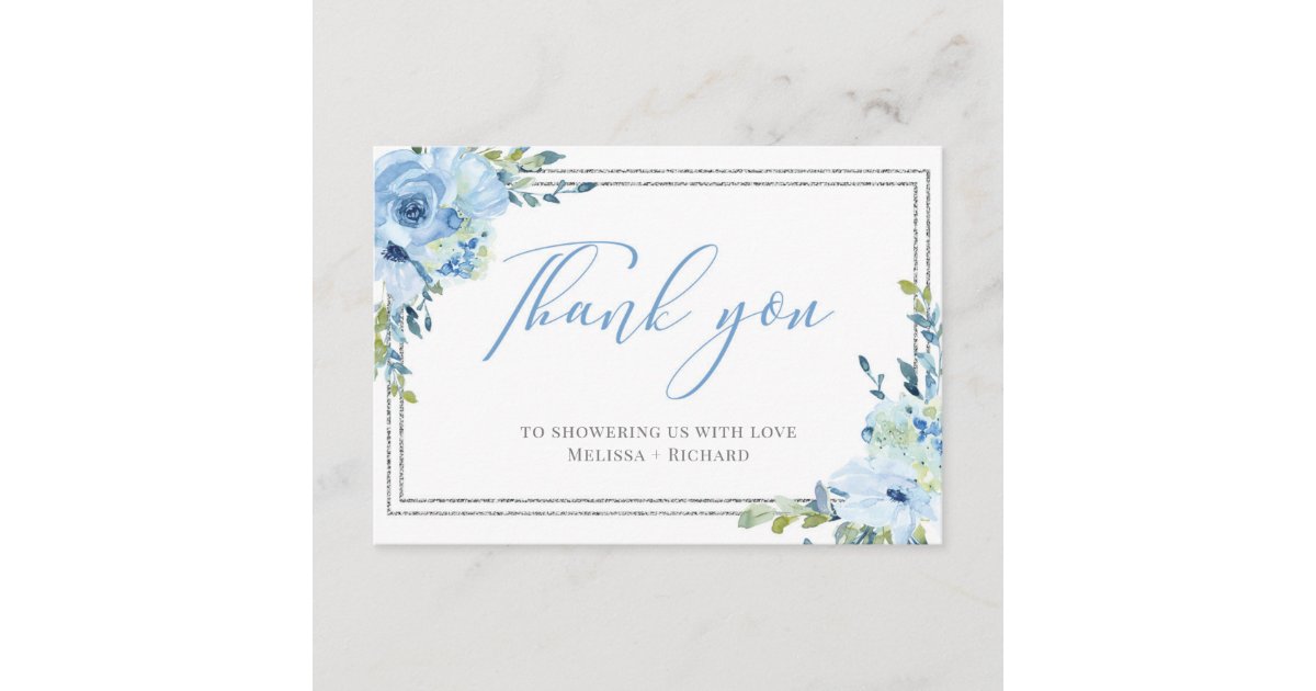 Boho Blue floral silver baby shower thank you card | Zazzle