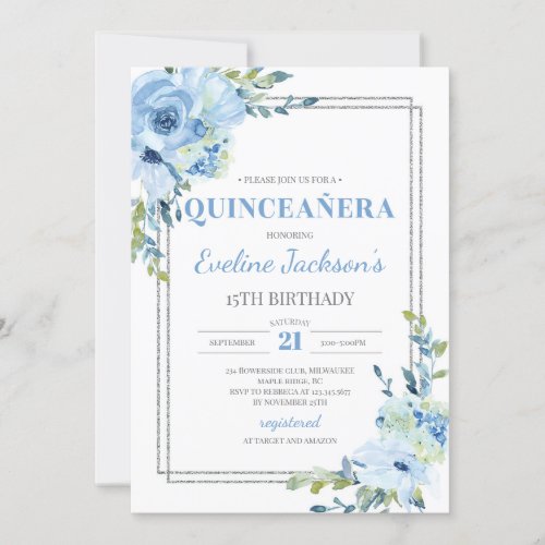 Boho blue floral silver frame rustic quinceanera invitation