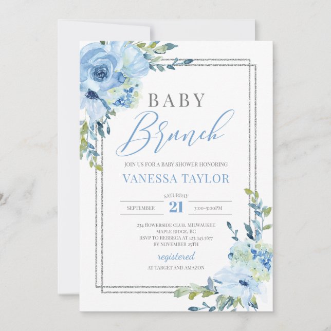 Boho blue floral silver glitter frame baby brunch invitation (Front)