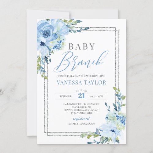 Boho blue floral silver glitter frame baby brunch invitation