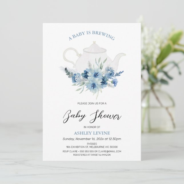 Boho Blue Floral Tea Baby Is Brewing Baby Shower Invitation (Standing Front)