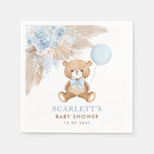 Boho Blue Floral Teddy Bear Baby Boy Shower Napkins